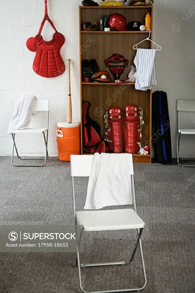 Baseball equipment in locker room