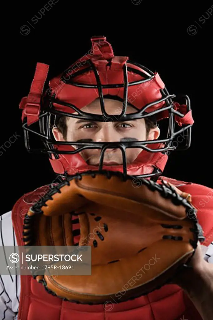 Close-up of baseball catcher wearing protective equipment