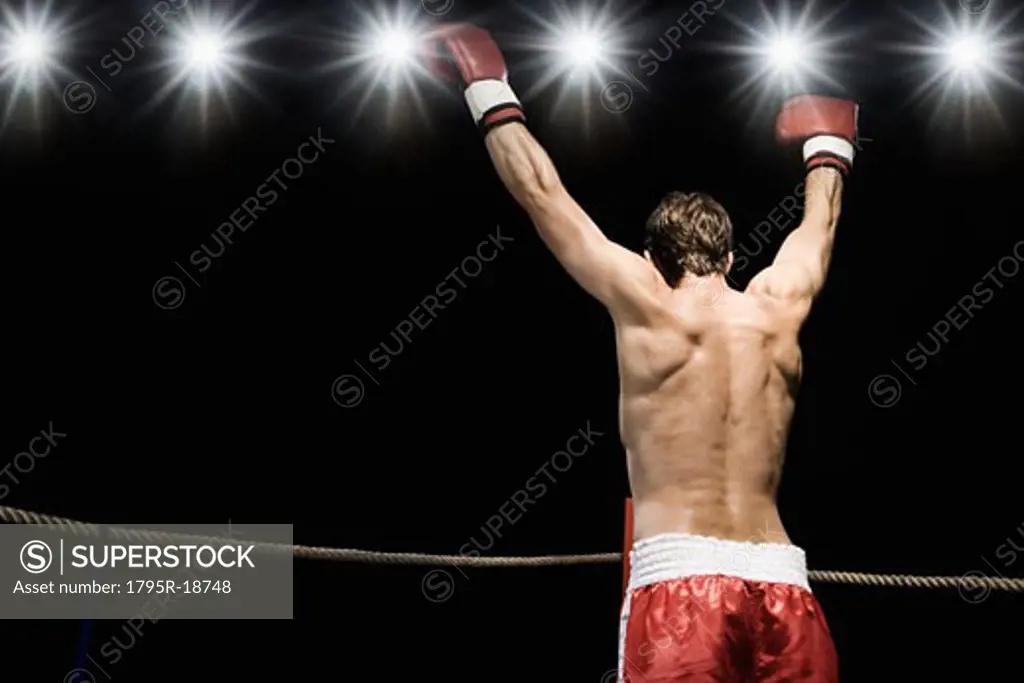 Boxer standing in boxing ring with gloves raised