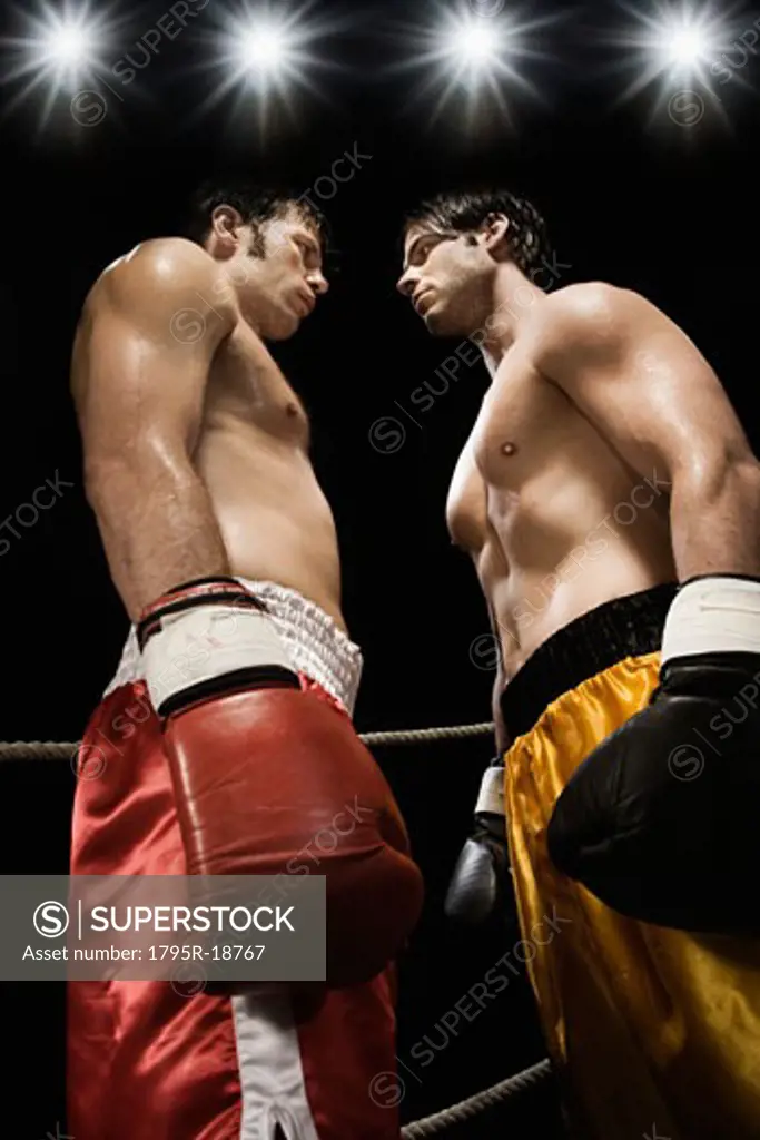 Boxers facing off in boxing ring