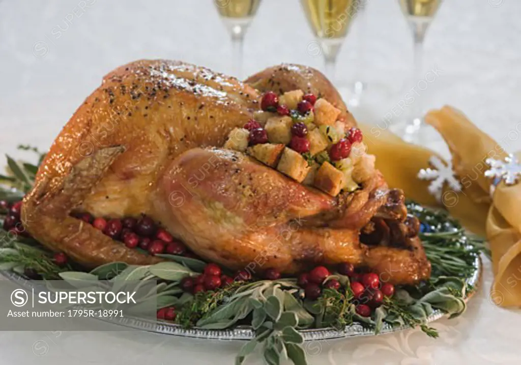 Thanksgiving turkey on decorated platter