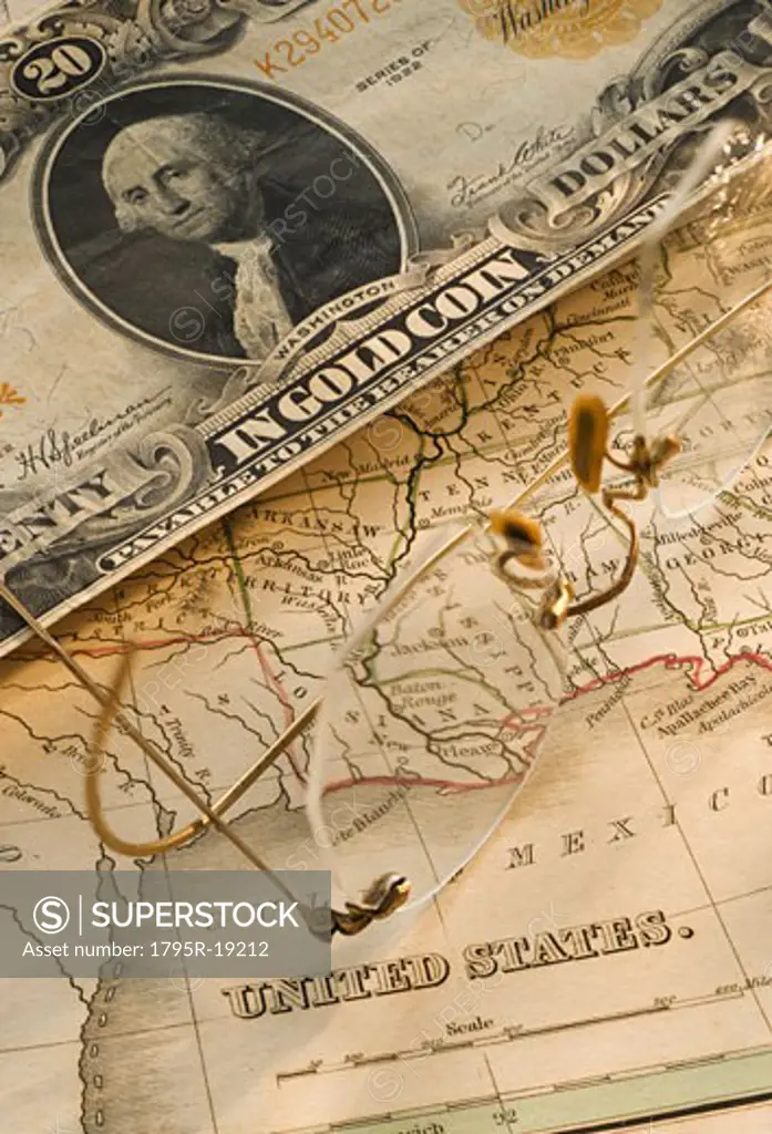 Antique map and dollar bill