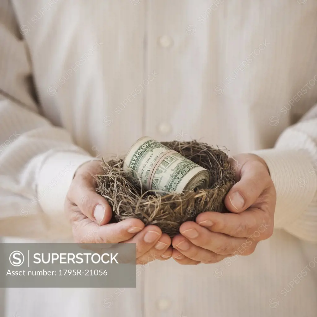 Hands holding a nest with money in it