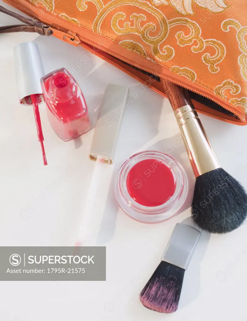 A make up bag with assorted make up