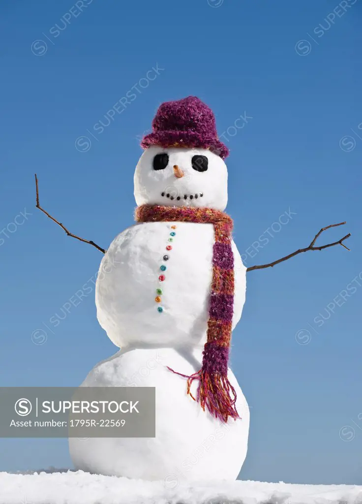 Snowman wearing hat and scarf, clear sky in background