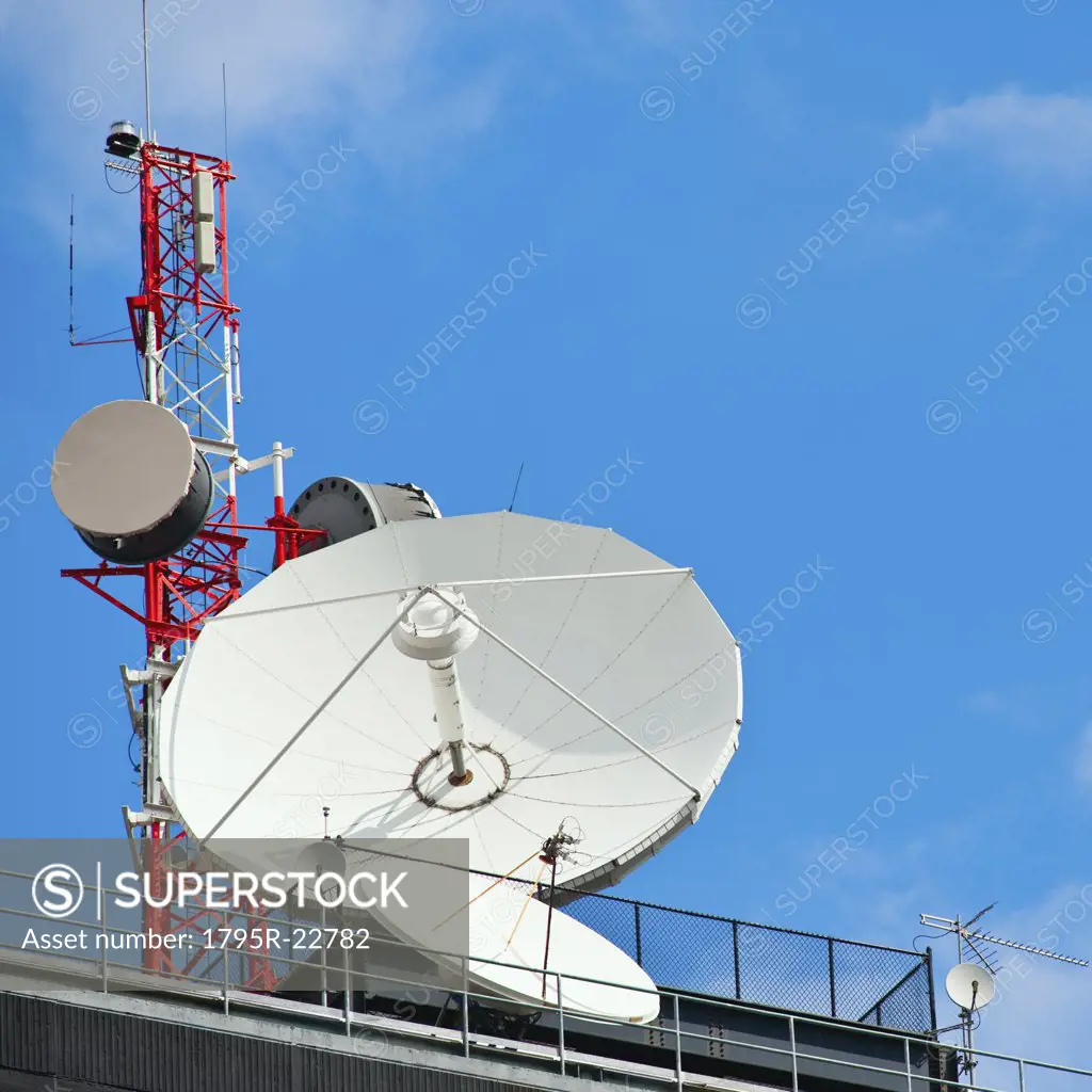 Microwave tower with satellite dish, New York City, New York, USA
