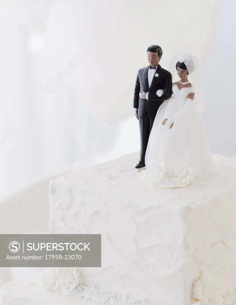 Bride and groom cake toppers on wedding cake