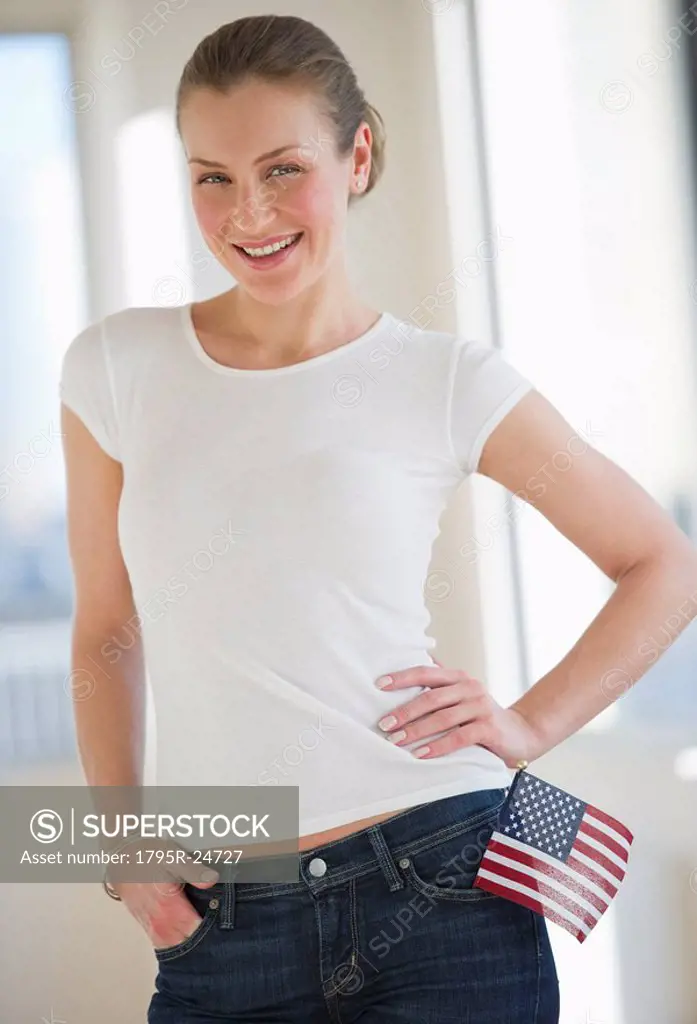 Woman with American flag in pocket