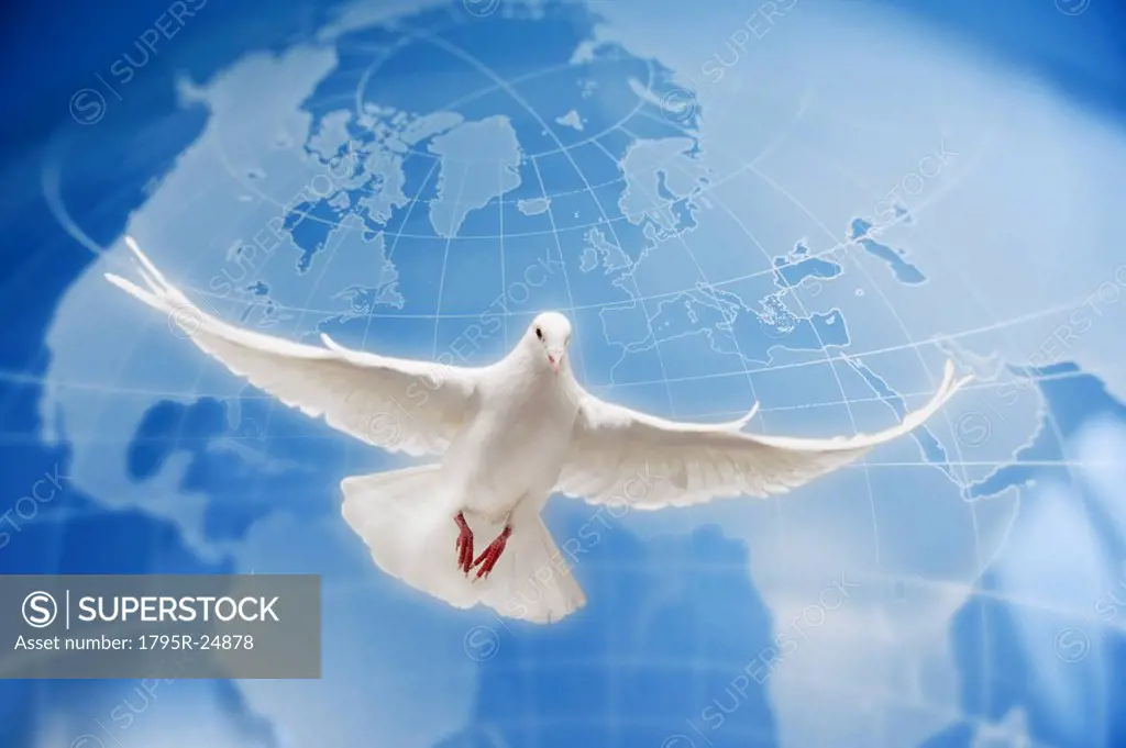 Dove flying globe in background