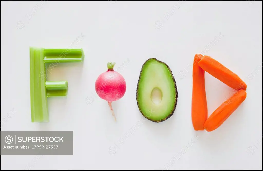 Vegetables spelling the word food