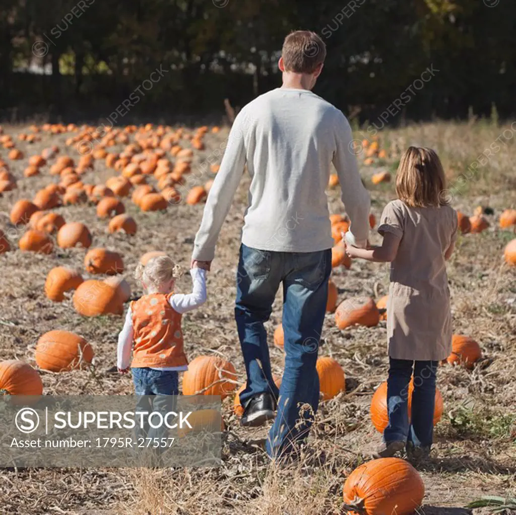 Father and daughters in pumpkin patch