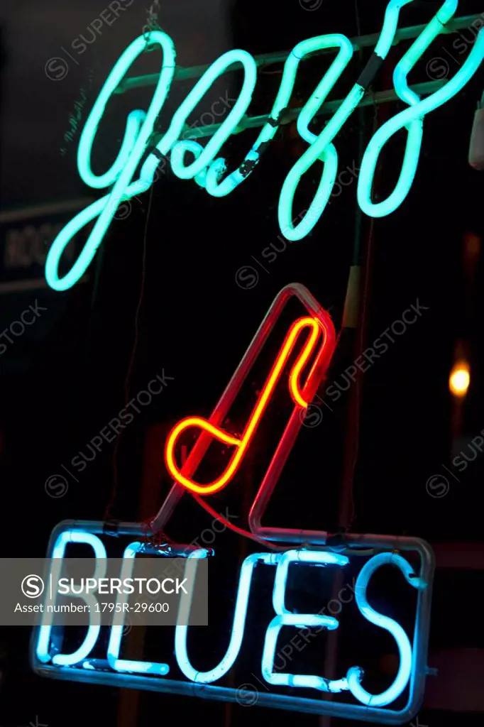Illuminated Jazz and Blues sign on Beale Street in Memphis