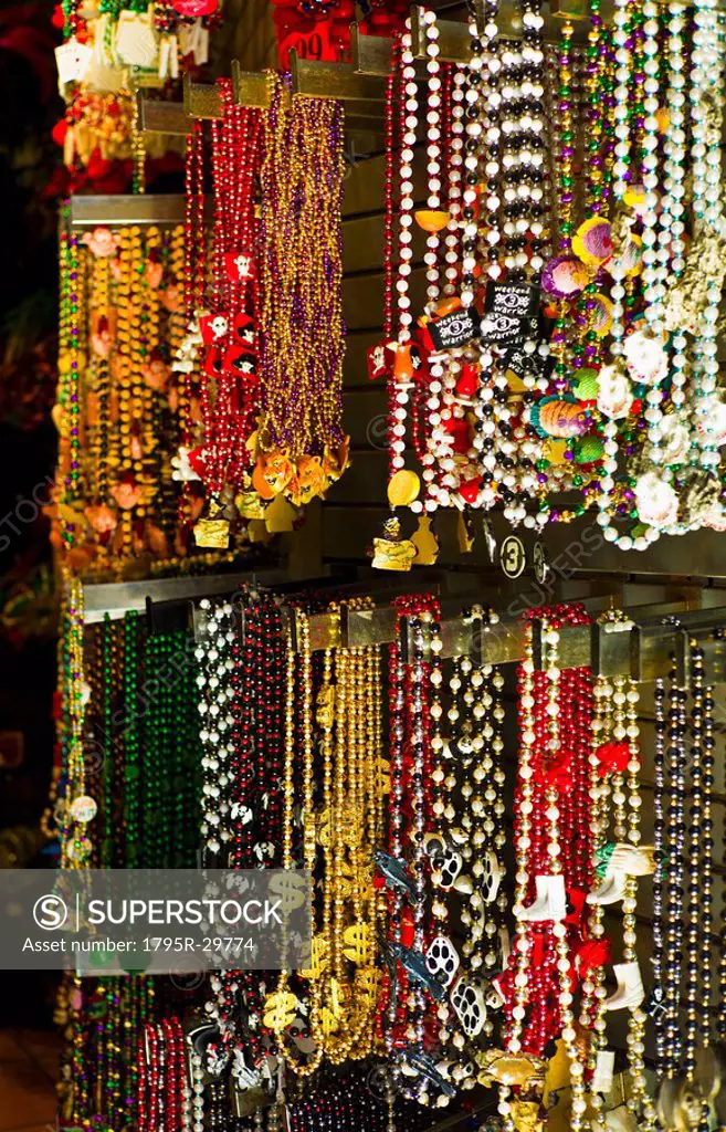 Mardi grass beads on display in a store in New Orleans