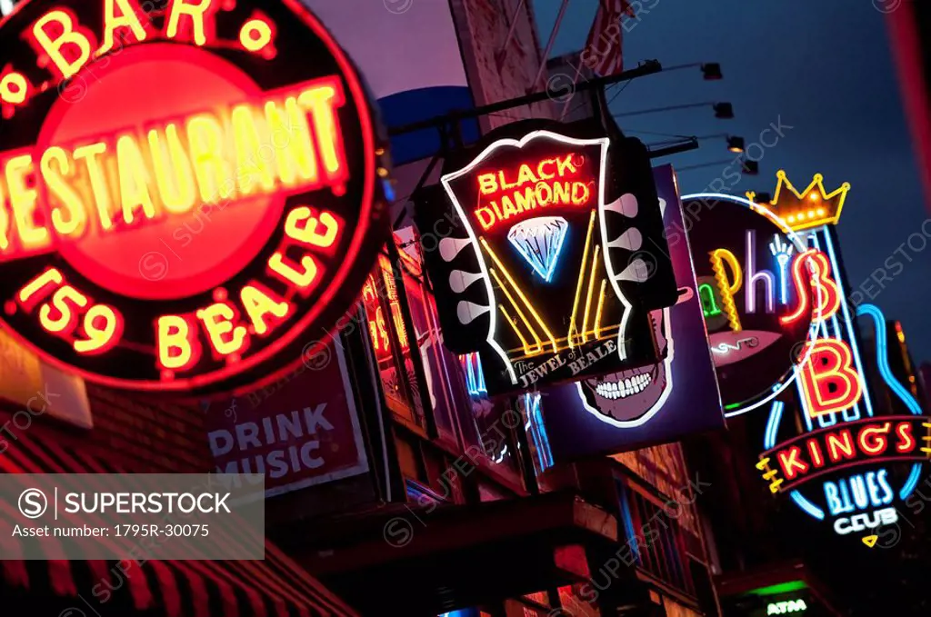 Illuminated bar signs on Beale Street in Memphis