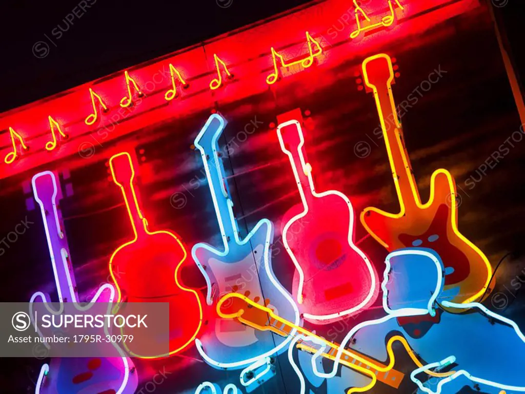 Illuminated guitars on Beale Street in Memphis