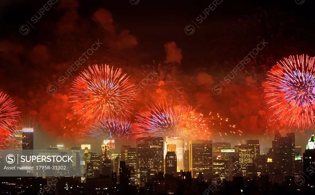 Fireworks over New York City skyline