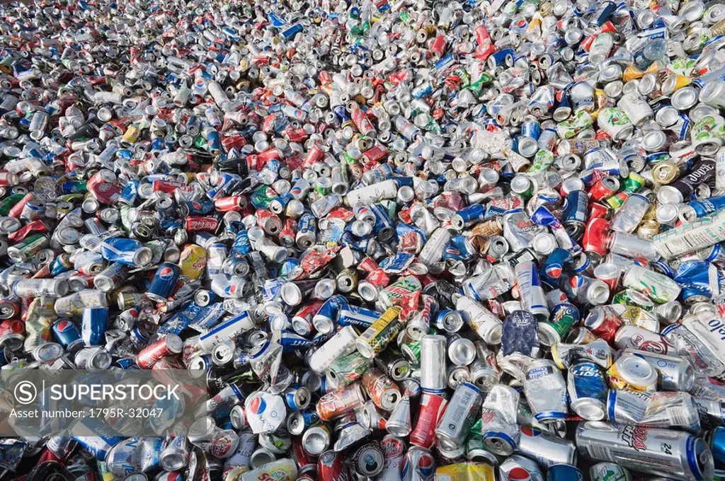 Pile of aluminum cans at recycling plant