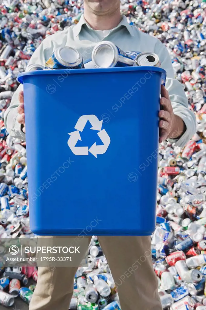 Man holding blue bin