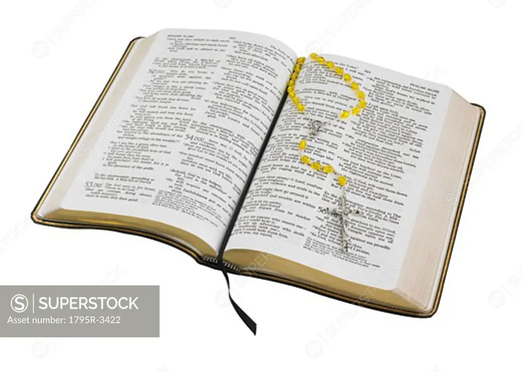 An open Holy Bible with cross