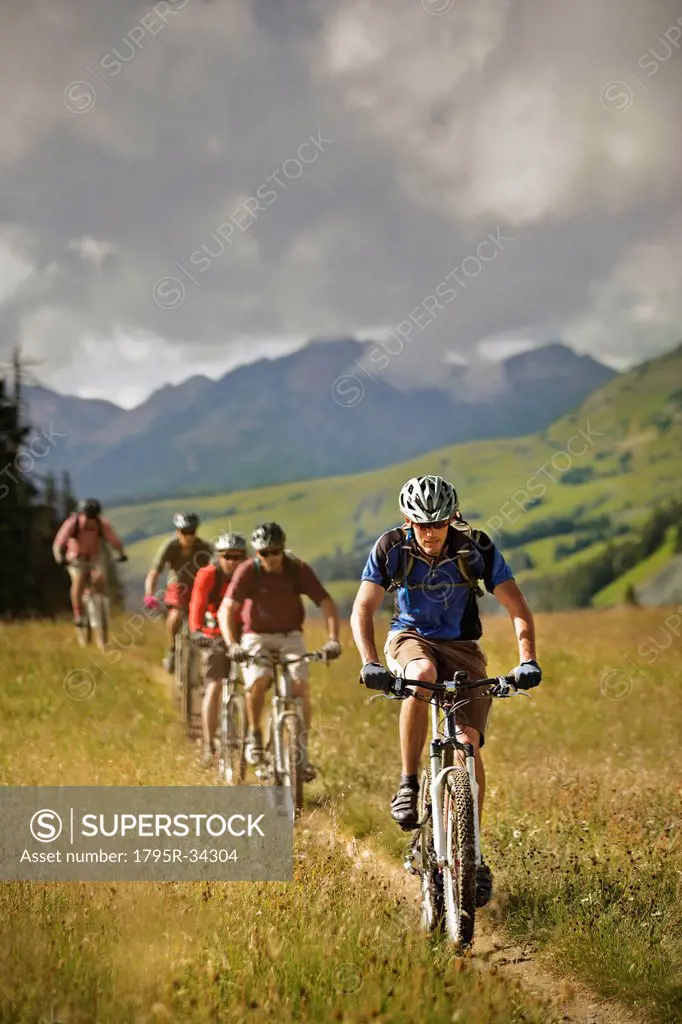 Men mountain biking on trail