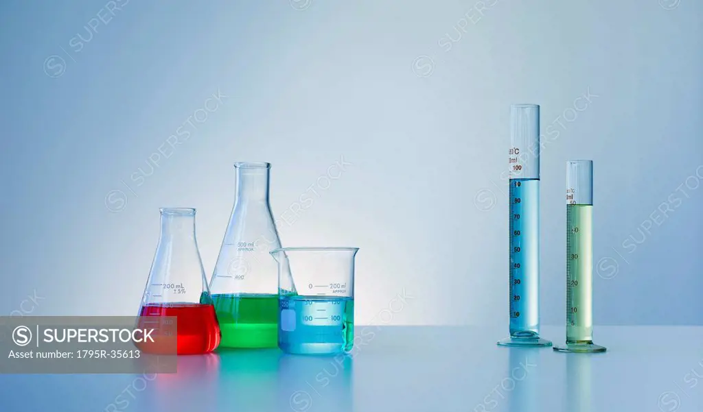 Beakers and flasks with colorful liquids