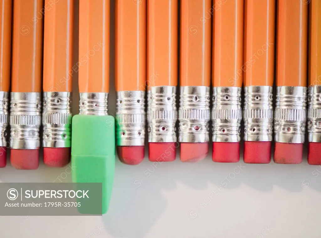 Row of pencils with sharpener