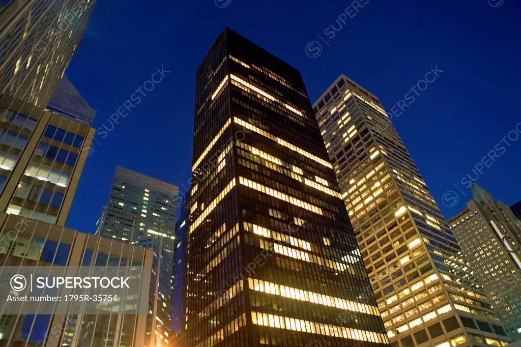 USA, New York City, Low angle view of skyscrapers at night