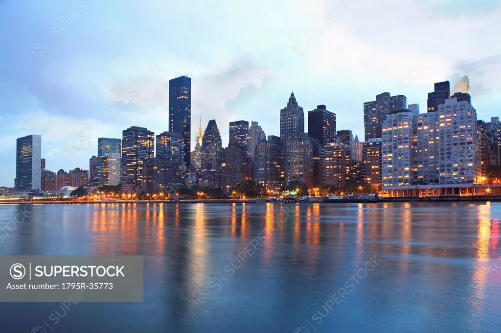 USA, New York State, New York City, Skyline with United Nations Buildings and United Nations Plaza at dusk
