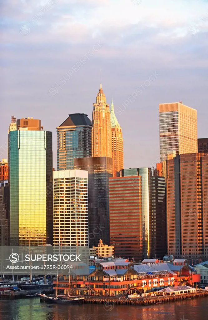 USA, New York State, New York City, South Street Seaport and skyscrapers
