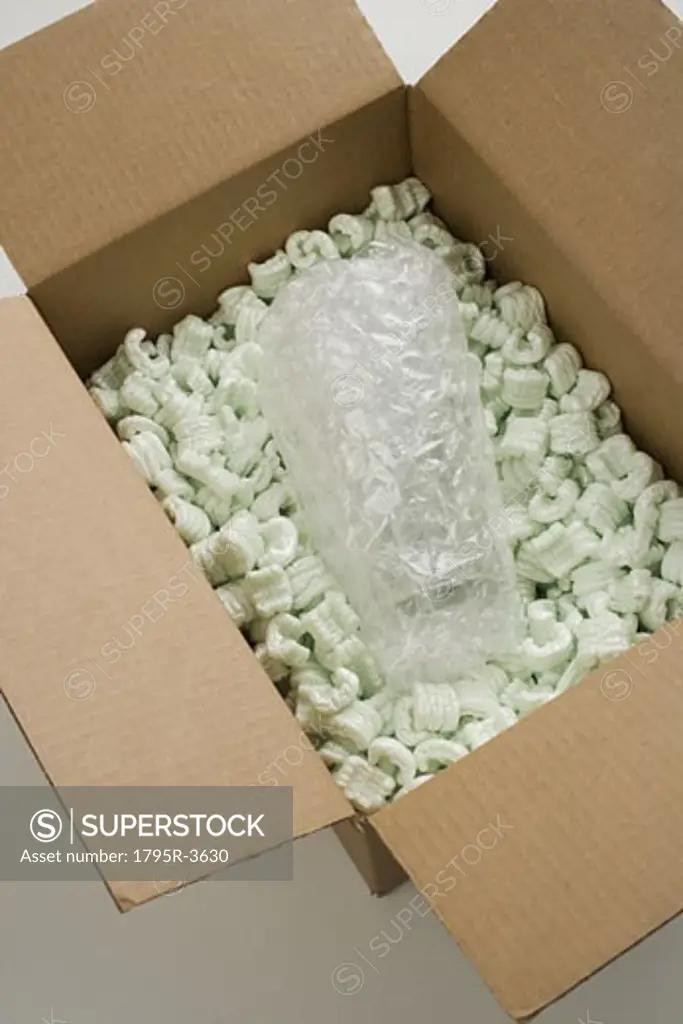 Still life of box of Styrofoam and bubble wrap