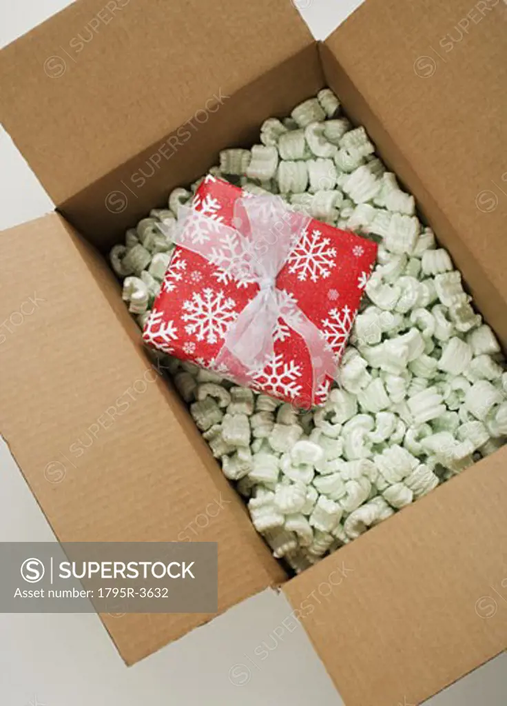 Still life of box of Styrofoam with gift