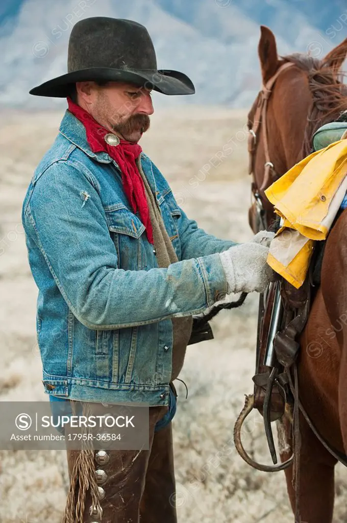 Man adjusting saddle on horse