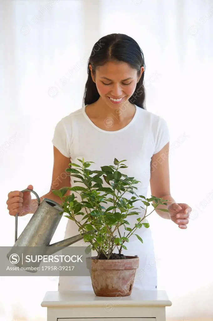 USA, New Jersey, Jersey City, Woman watering plant in home