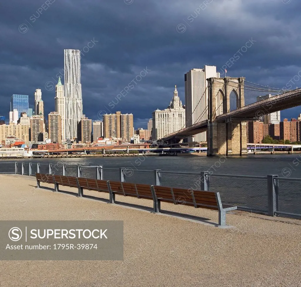 USA, New York City, Manhattan skyline with Brooklyn Bridge