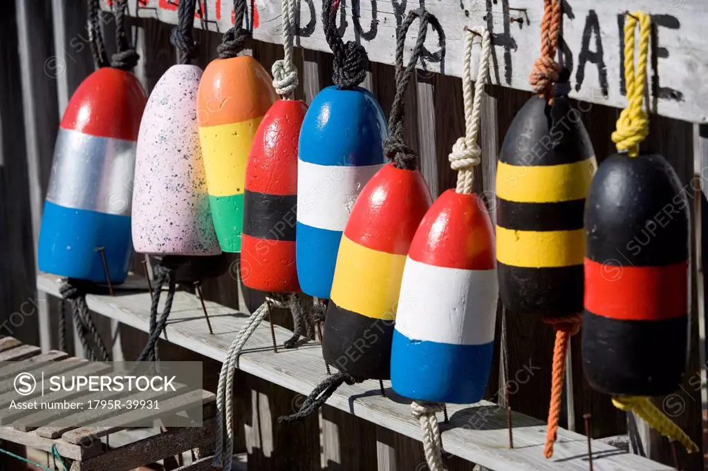 USA, New York, Peconic, colorful buoys