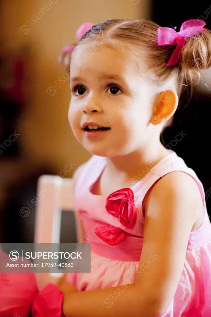 USA, Arizona, Chandler, Portrait of cute girl 2_3 wearing pink dress