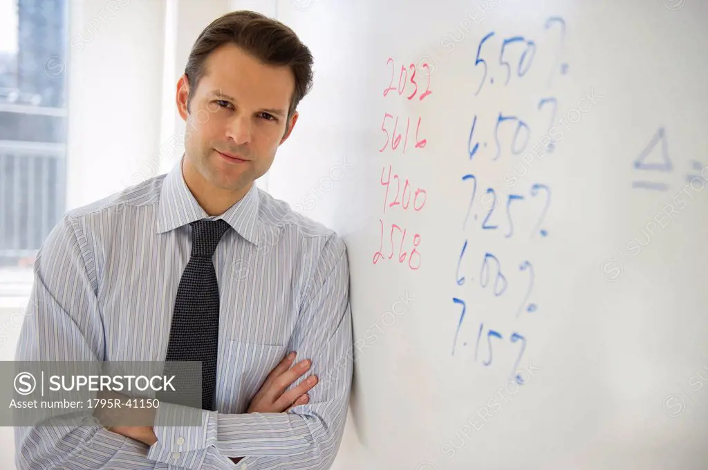Portrait of businessman leaning against whiteboard
