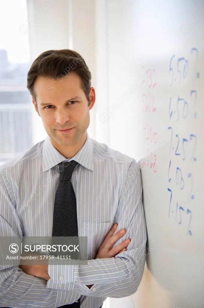 Portrait of businessman leaning against whiteboard