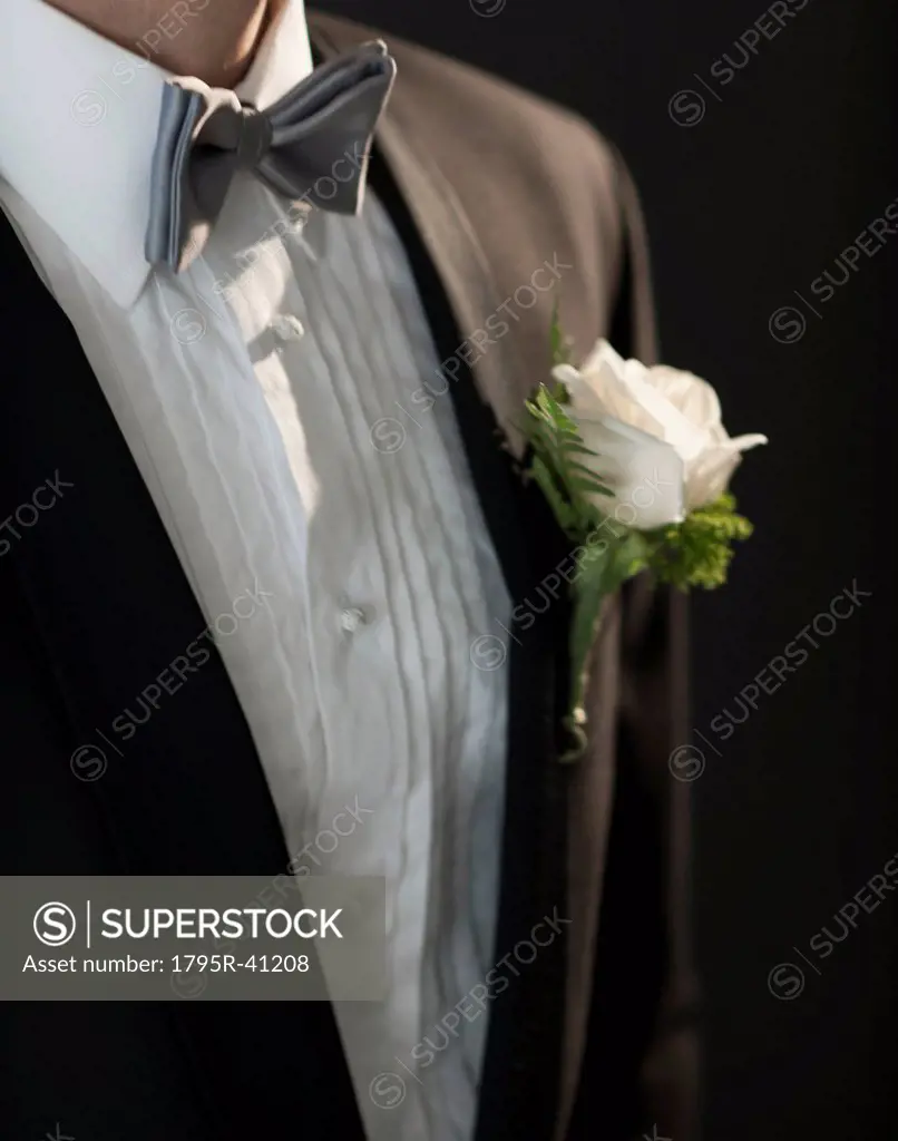 Midsection of bridegroom wearing tuxedo with boutonniere