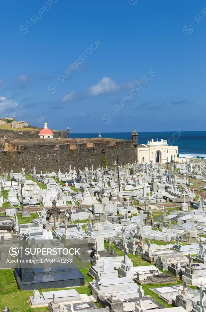 Puerto Rico, Old San Juan, View of Santa Maria Magdalena Cemetery with El Morro Fortress