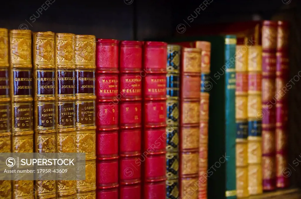 Close up of antique books on shelves
