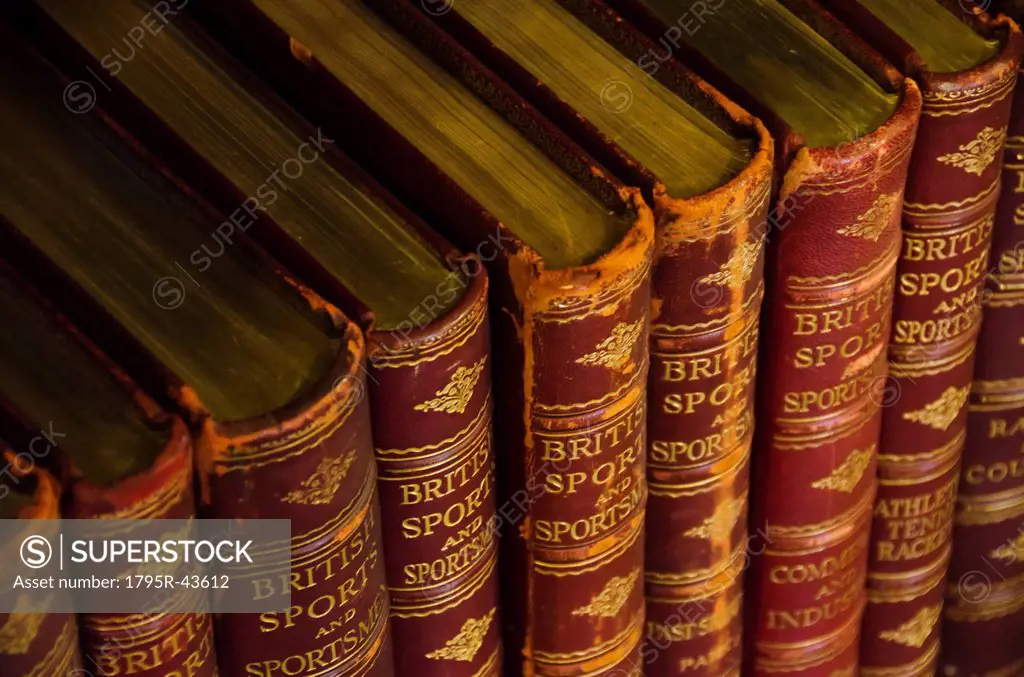 Close up of antique books on shelves