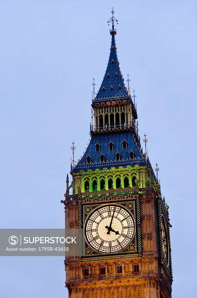 United Kingdom, London, Big Ben clock face illuminated at dusk