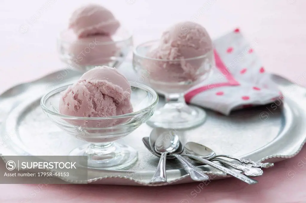 Close up of ice cream dessert on silver tray