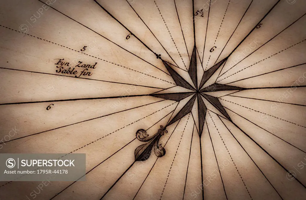 Close up of wind rose on antique map