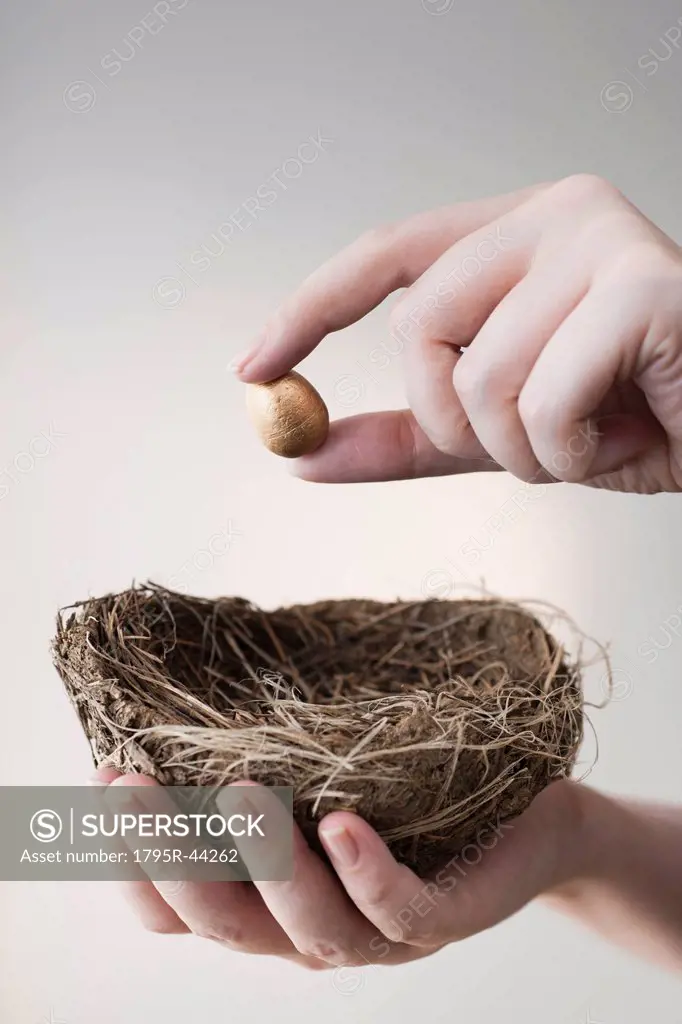 Studio shot of hand putting small gold egg into nest