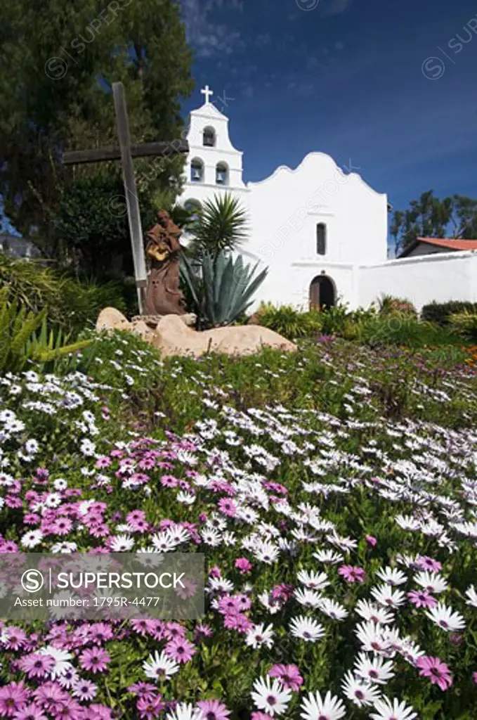 Meadow with church in background, Mission San Diego de Alcala, San Diego, California, United States
