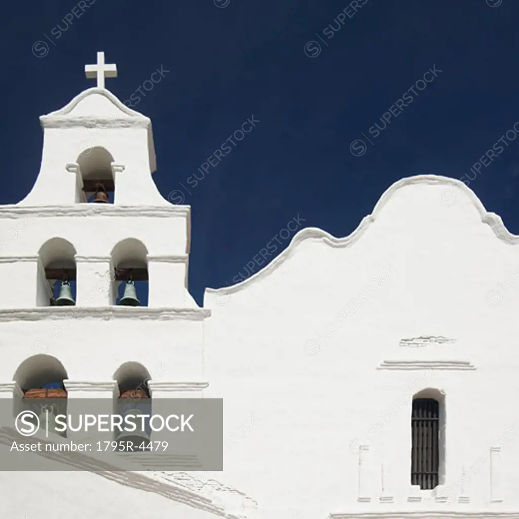 Building facade and church bells, Mission San Diego de Alcala, San Diego, California, United States
