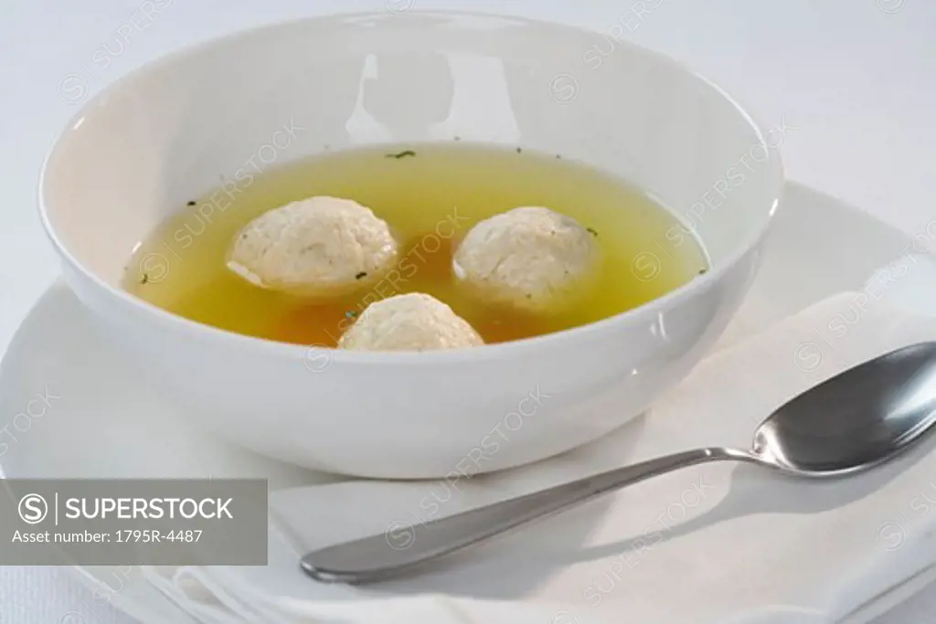 Close-up of Matzah ball soup