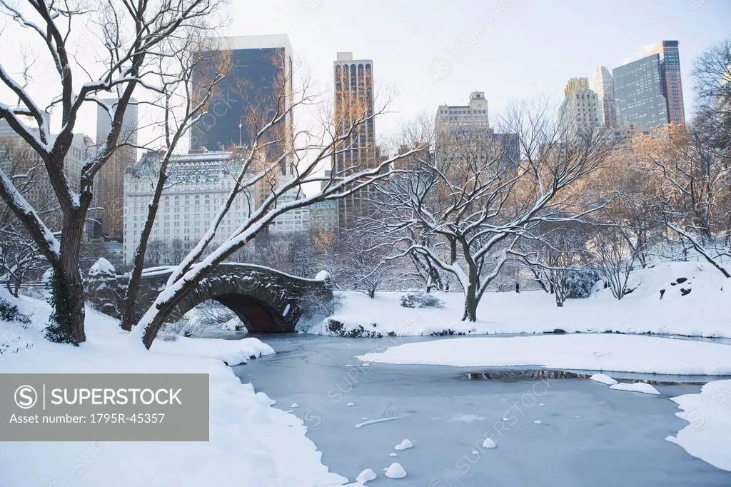 USA, New York City, View of Central Park in winter with Manhattan skyline in background